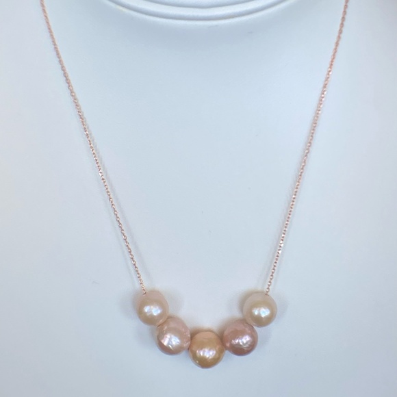 Hand Crafted Jewelry - Five Edison Pearls Floating Freely 14K ROSE Gold/925 Silver - 18" Adjustable